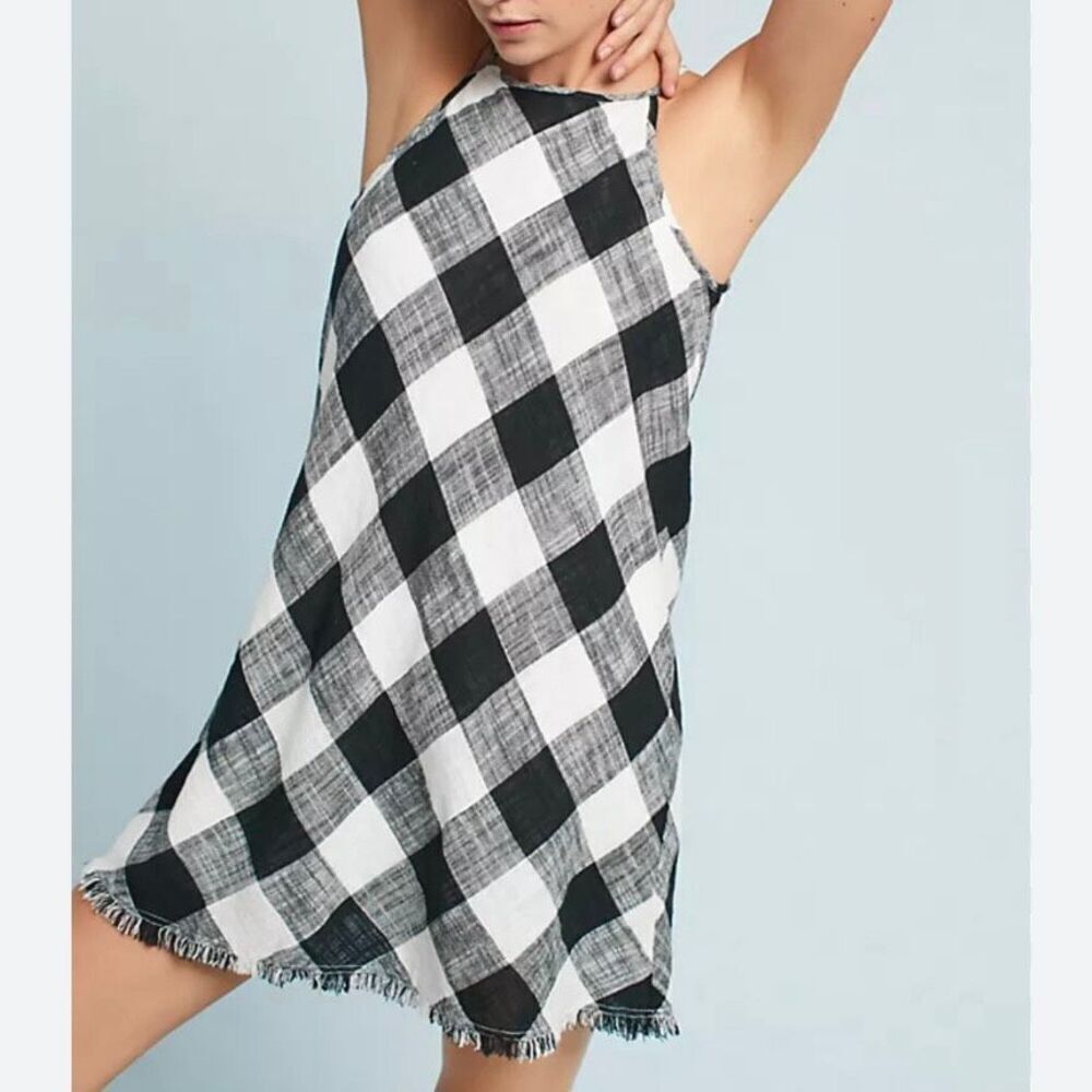 CLOTH & STONE x ANTHROPOLOGIE | Gingham Frayed Raw Hem Dress B +W Plaid‎ | XL